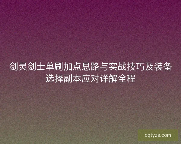 剑灵剑士单刷加点思路与实战技巧及装备选择副本应对详解全程
